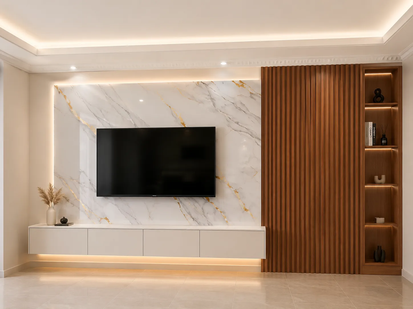 Bespoke TV feature wall with gold-veined marble panel, walnut slat paneling and lit niche shelving, Nairobi