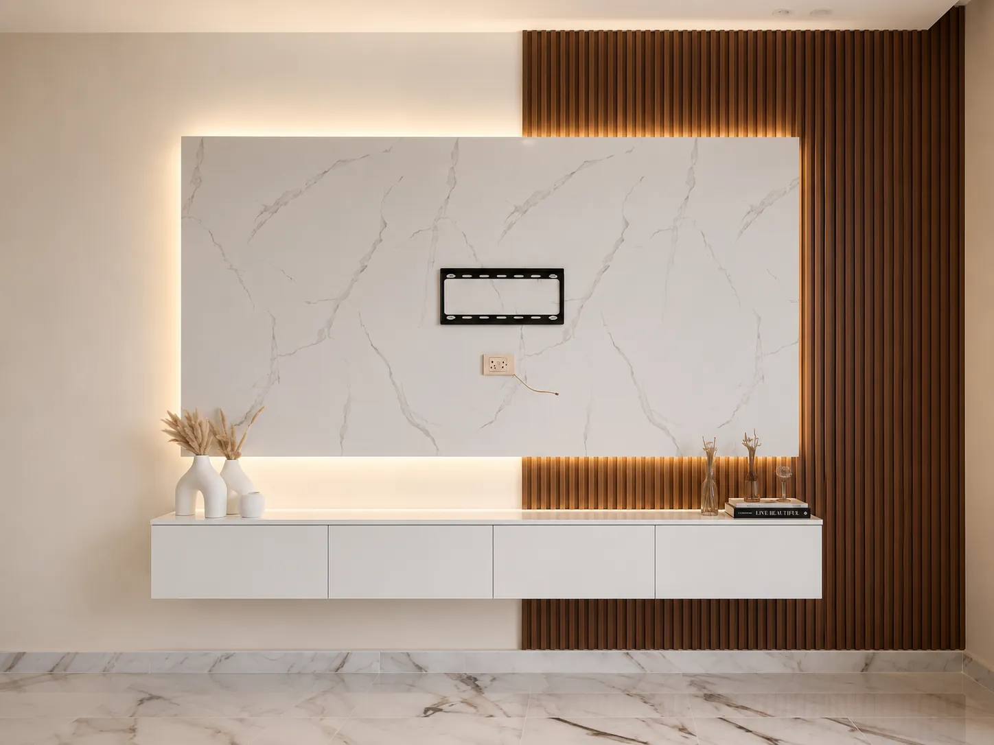 Marble wall with white floating cabinet and walnut slats