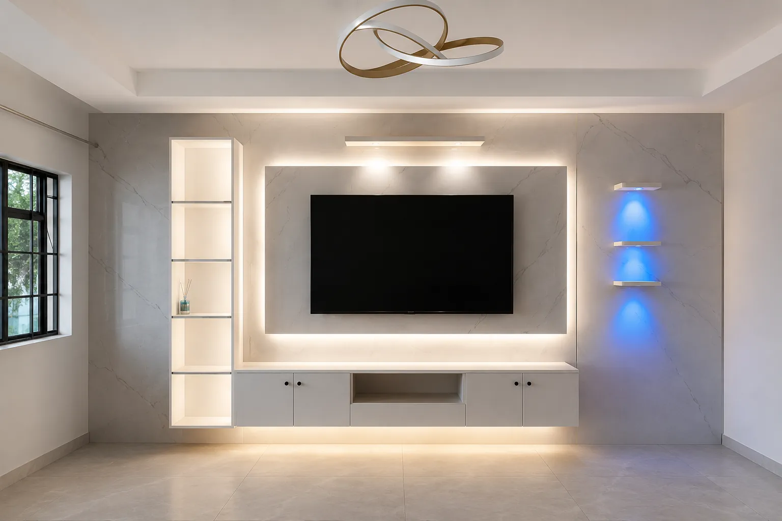 Grey marble TV wall with backlit niche, warm and blue LED shelves and ring chandelier