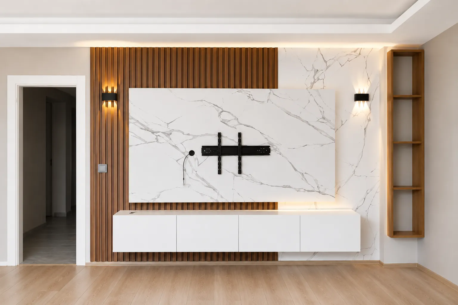 Marble TV wall with walnut slats, wall sconces and white floating cabinet