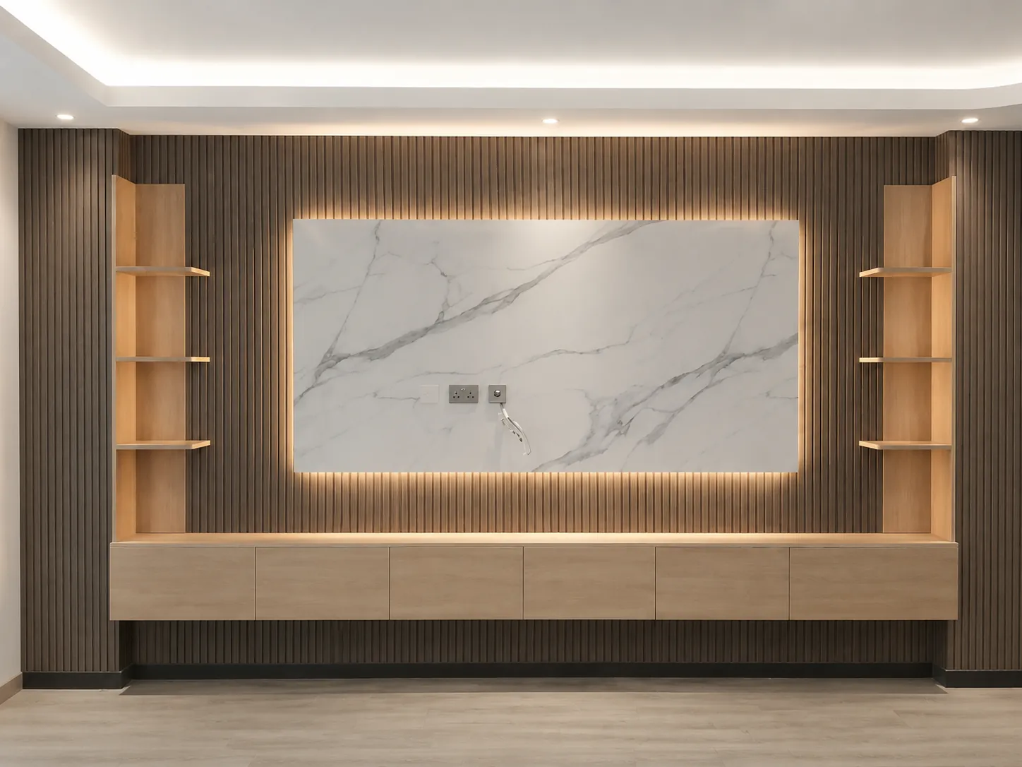 Dark walnut slat feature wall with backlit marble centre panel and oak display shelving