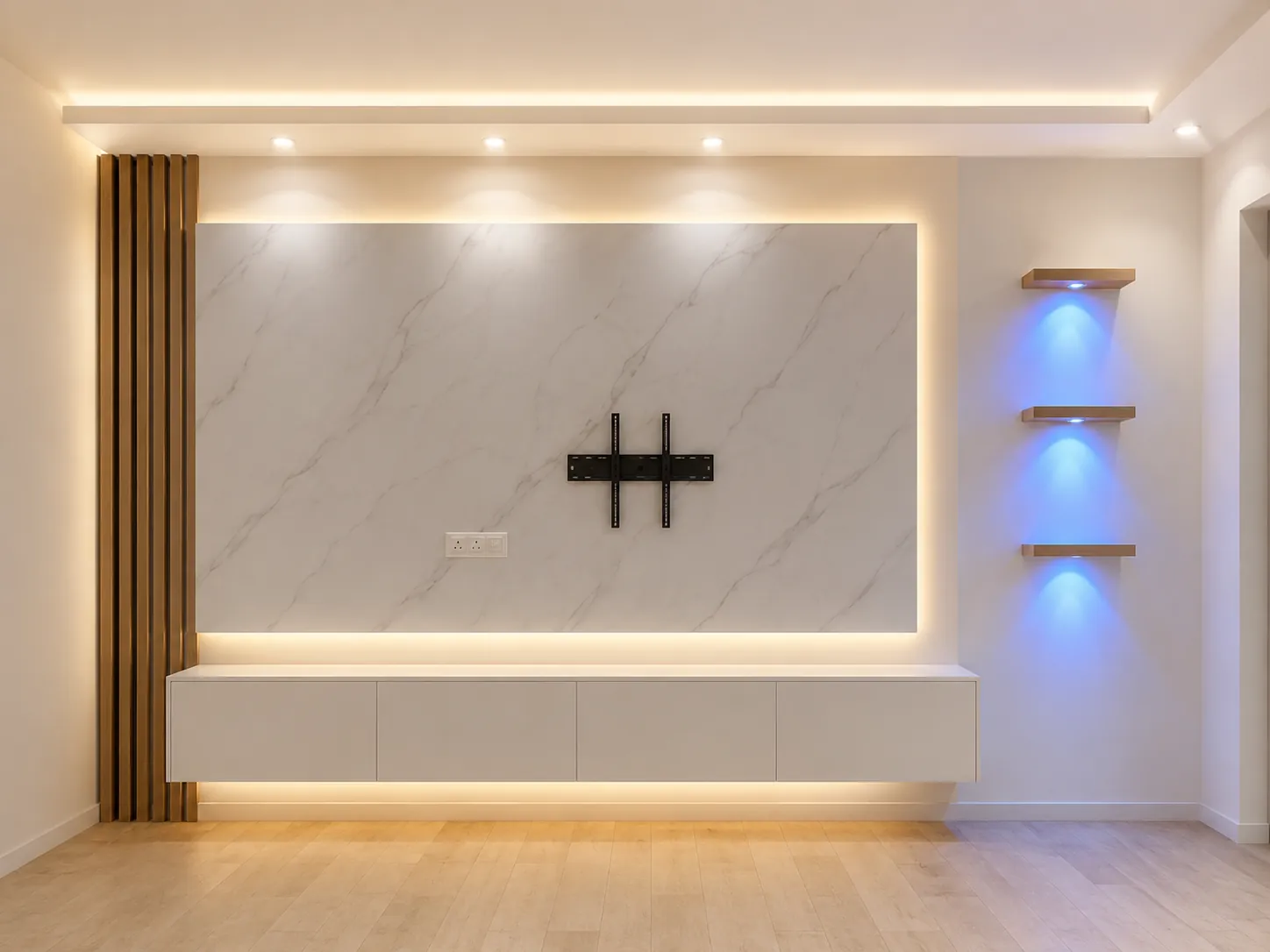 Backlit marble panel with warm and blue LED shelving