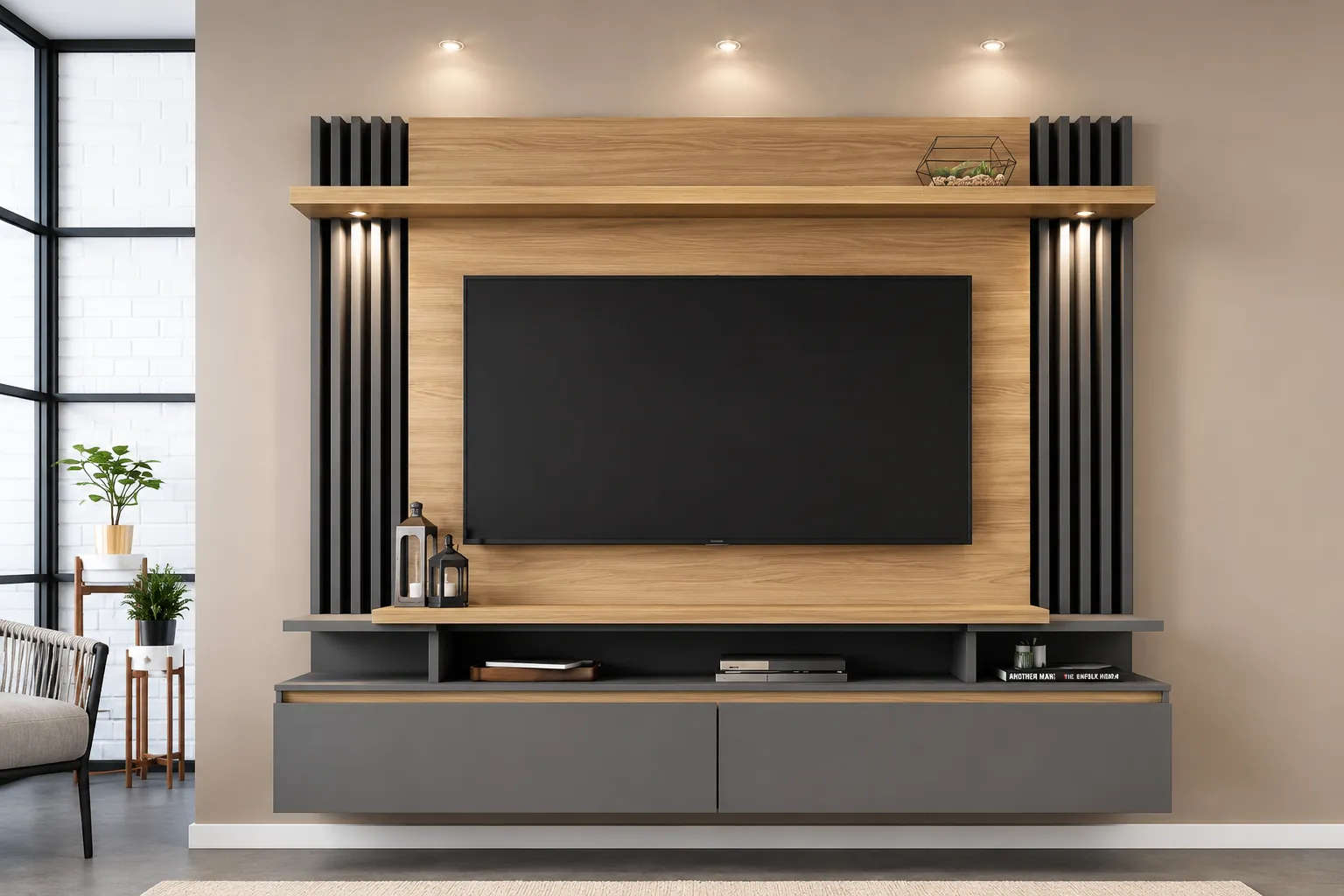 Oak TV panel unit with grey floating cabinet and slatted sides in a furnished Nairobi living room