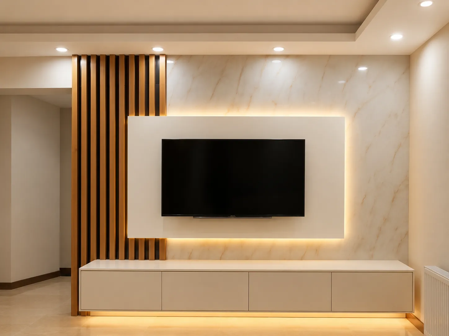 White marble panel with vertical wood slats and warm LED